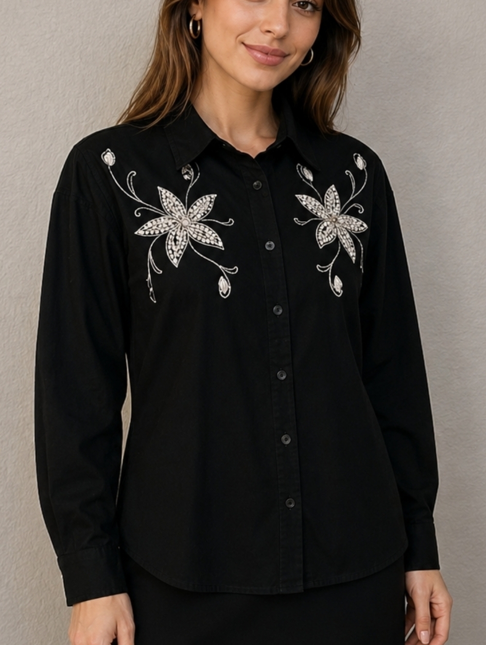 VTG GITANO 1980's Black Floral Jeweled Bedazzled Cowboy Core Button Down Shirt